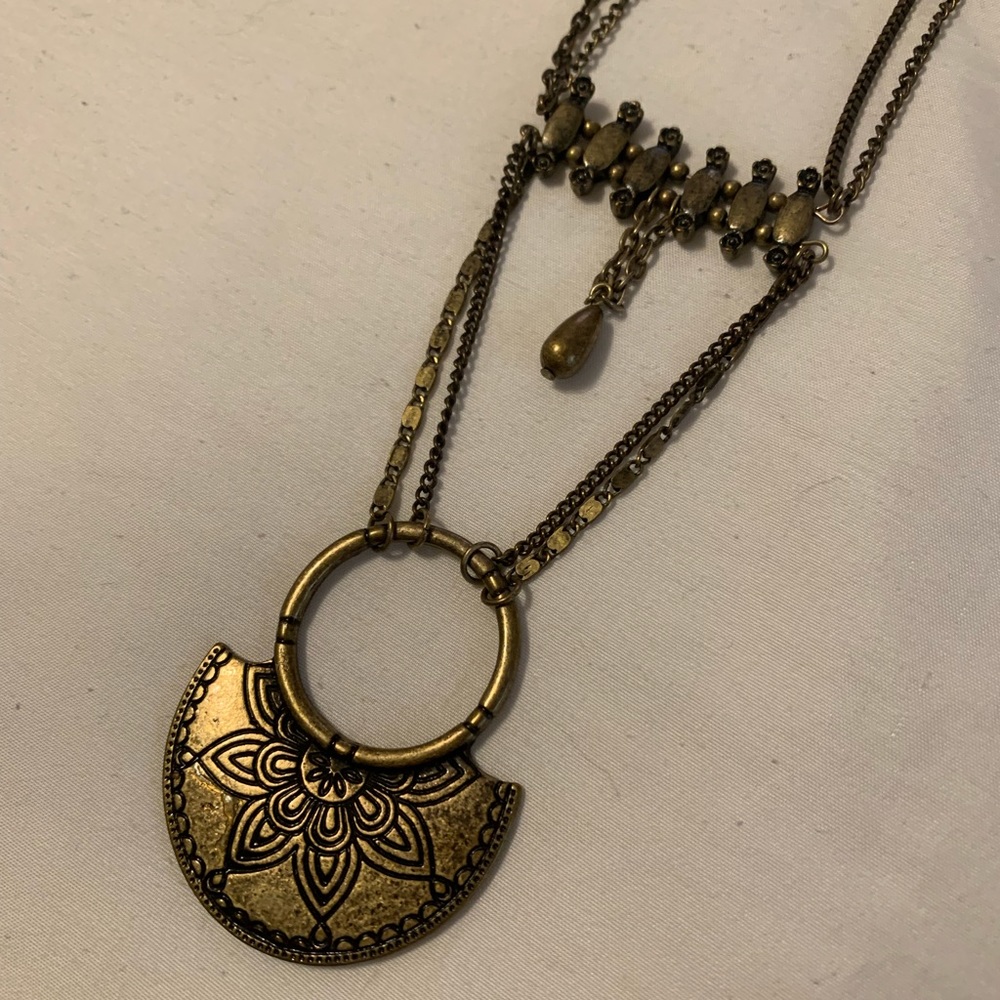 Double Strand Brass Mandala Pendant Necklace